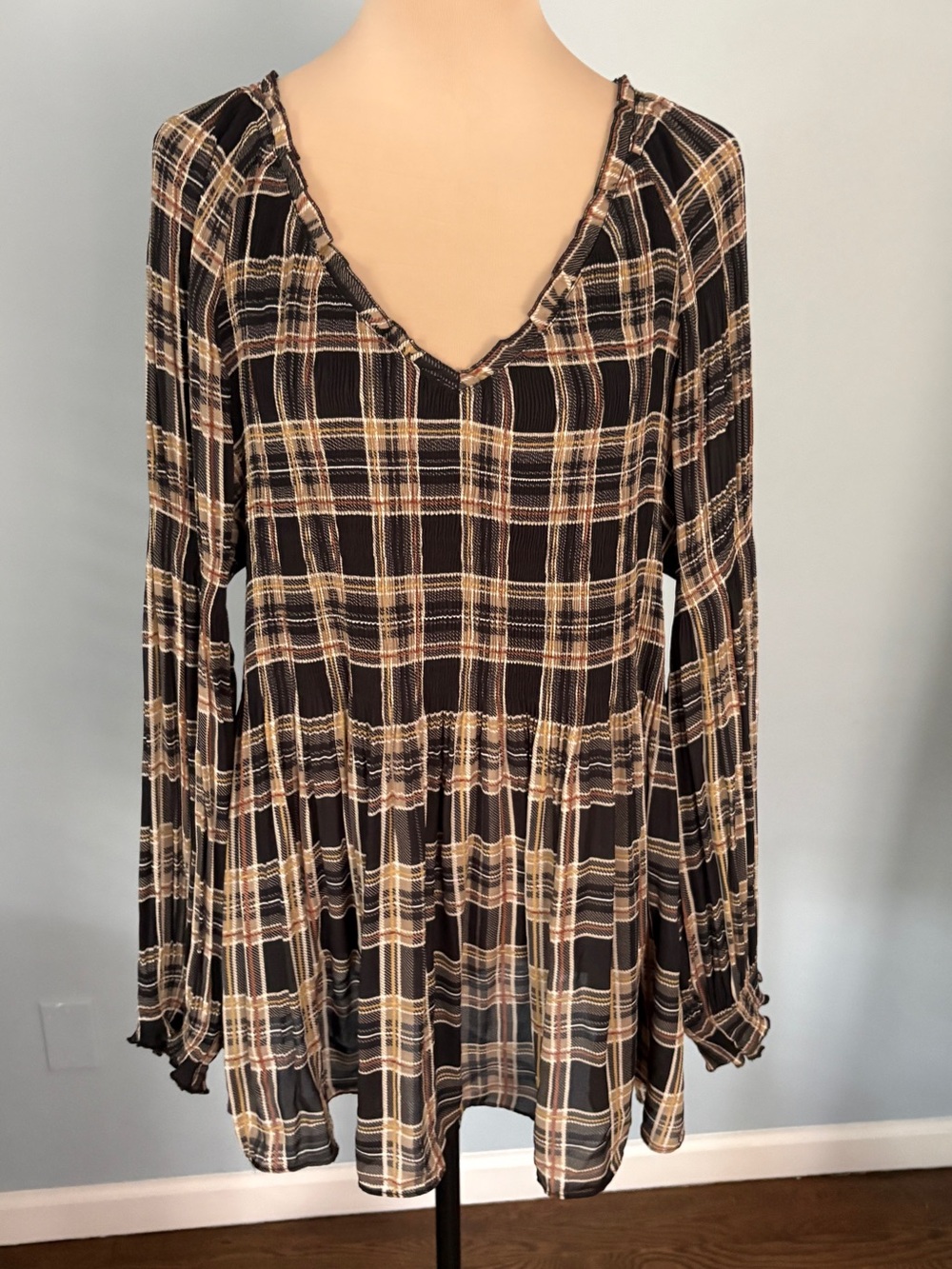 Plaid V-Neck Long Sleeve Women's Blouse - Brown/Cream